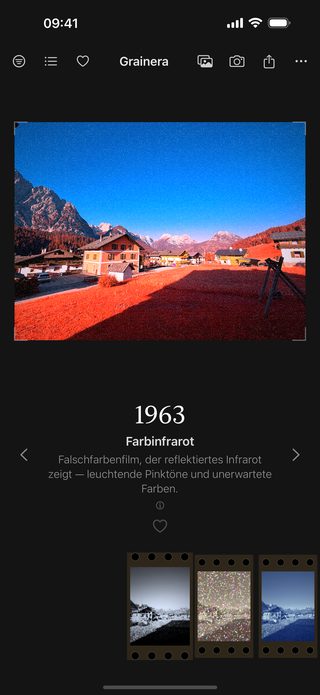 Grainera screenshot: an alpine village in color infrared — meadows and trees glow red beneath a deep blue sky, labelled 1963.