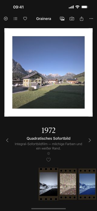 Grainera screenshot: the village as a square instant photo with milky colors and a white border, labelled 1972.