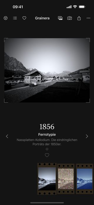 Grainera screenshot: the village as a moody wet-plate tintype with a soft vignette, labelled 1856.