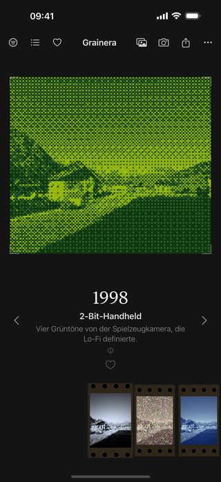 Grainera screenshot: the village in four shades of green, dithered like a 1990s toy camera, labelled 1998.